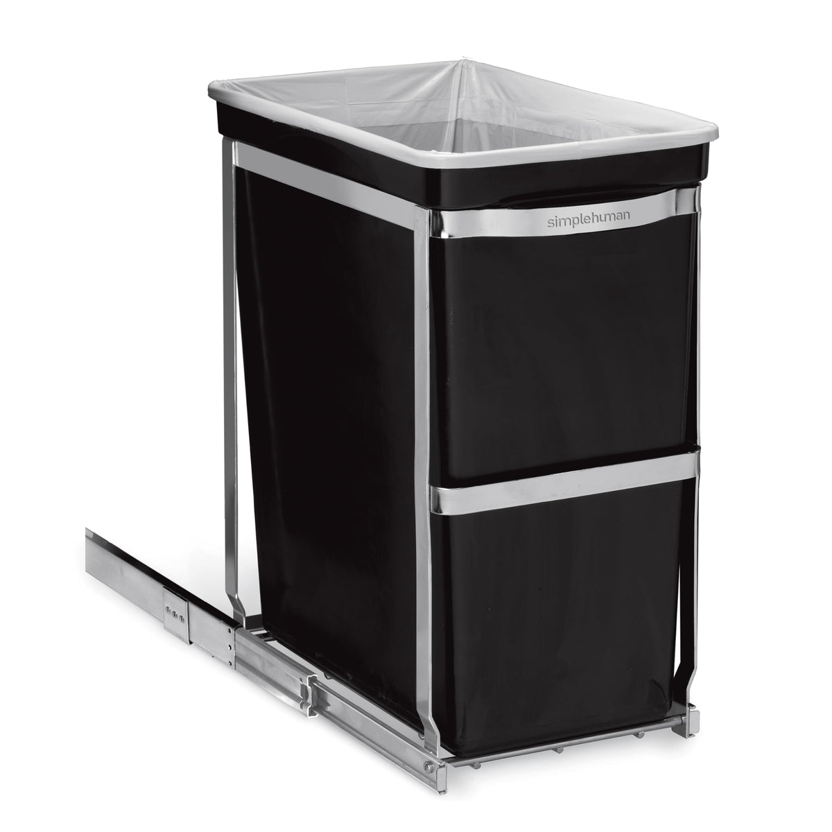Simplehuman 30L under-counter trash can front view with concealed, easy-access pull-out design