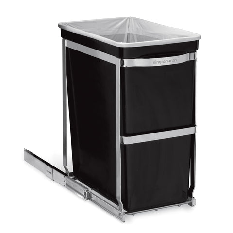 Simplehuman 30L under-counter trash can front view with concealed, easy-access pull-out design
