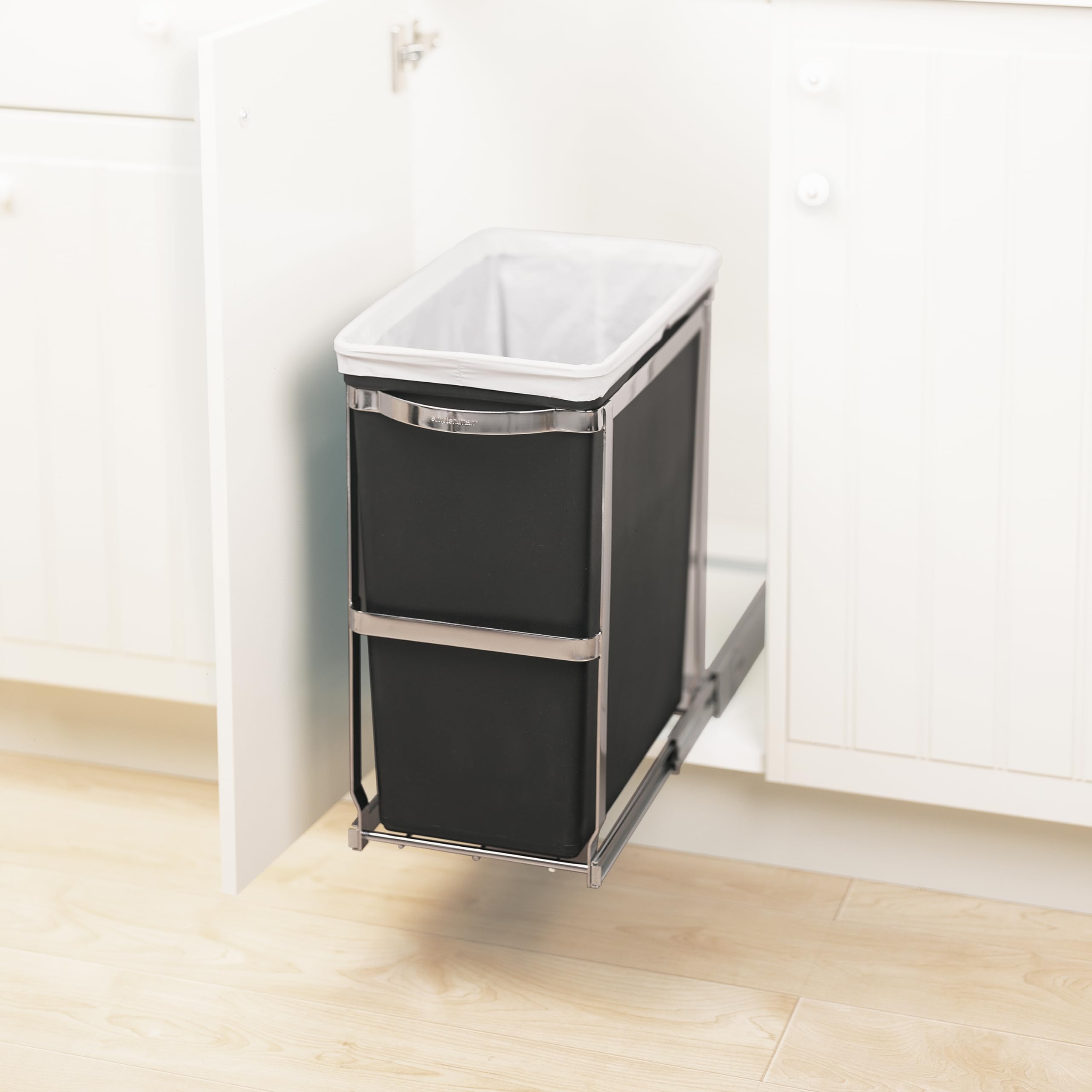 Simplehuman 30L under-counter trash can side view highlighting discreet cabinet integration