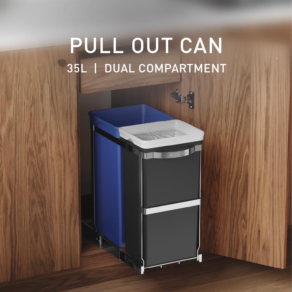 simplehuman 35L dual-compartment black bucket keeps trash and recyclables neatly separated.