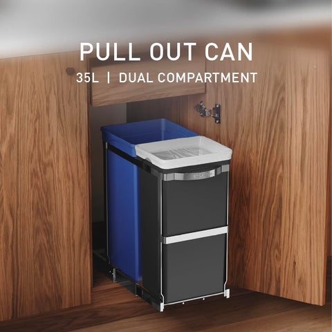 simplehuman 35L dual-compartment black bucket keeps trash and recyclables neatly separated.