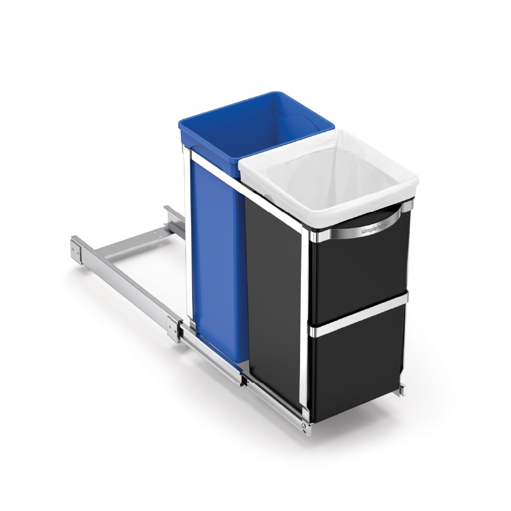 simplehuman 35L dual-compartment blue bucket for organized recycling in a kitchen.