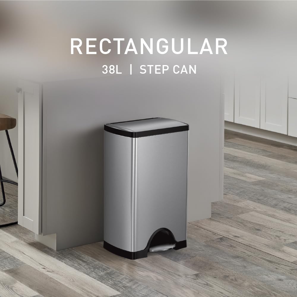 simplehuman 38L pedal closeup shows durable steel pedal for longevity