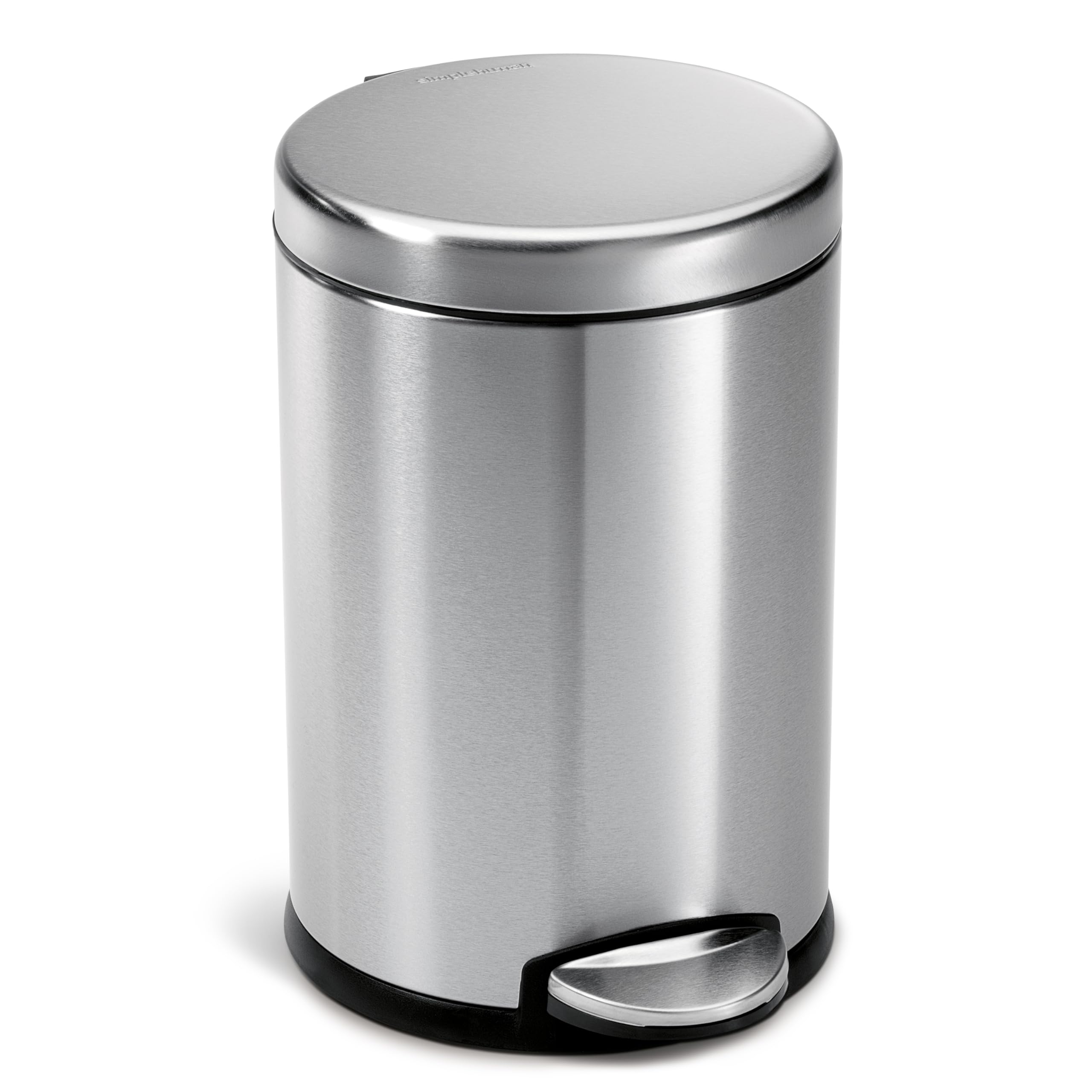 simplehuman 4.5L round bathroom trash can in brushed stainless steel for compact spaces