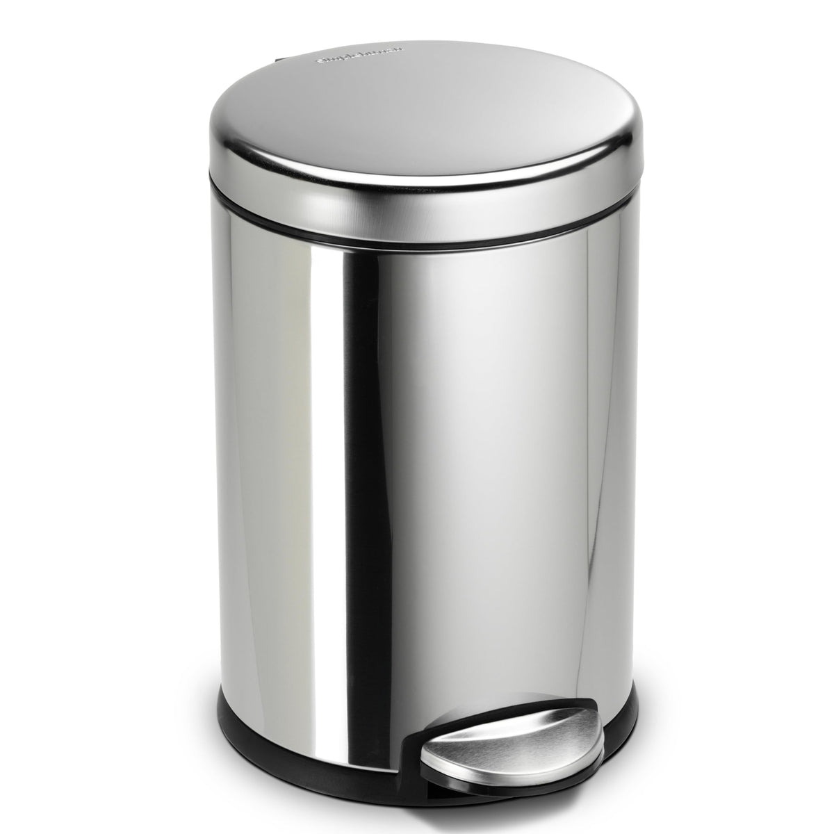 simplehuman 4.5l round bathroom trash can with pedal close for silent operation.