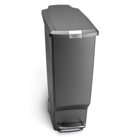 simplehuman 40L slim kitchen trash can front view shows space-saving profile for compact kitchens