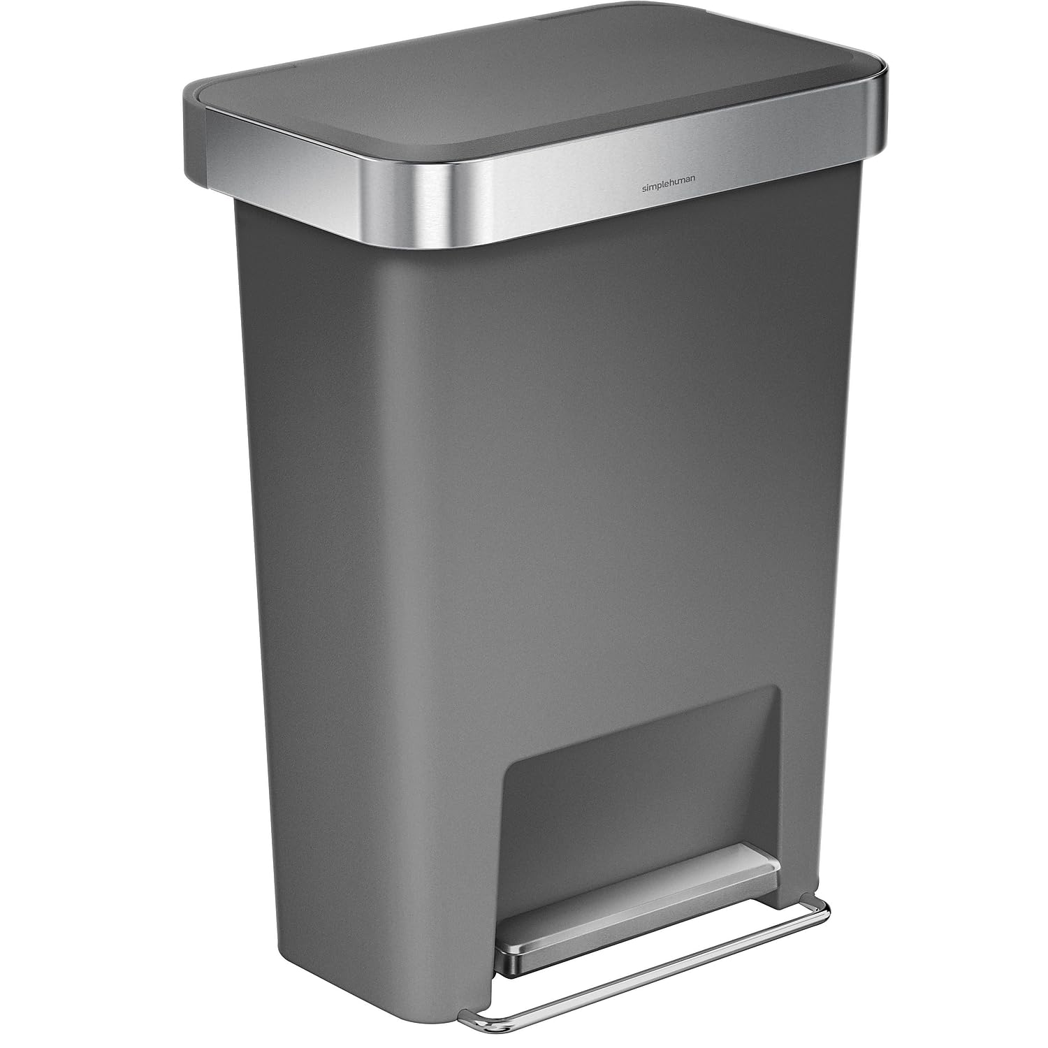 Simplehuman 45L rectangular trash can front view with quiet, smooth action