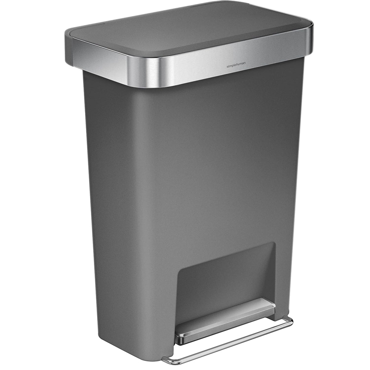 Simplehuman 45L rectangular trash can front view with quiet, smooth action
