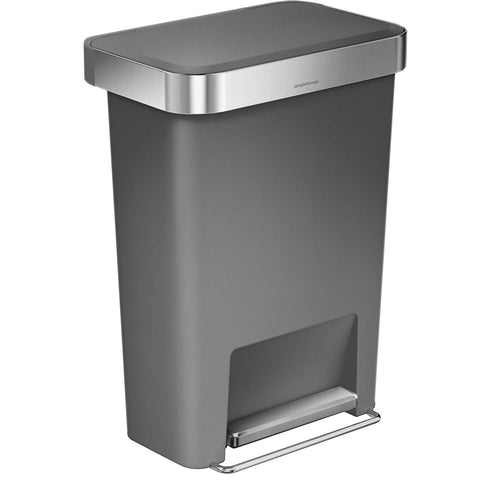 Simplehuman 45L rectangular trash can front view with quiet, smooth action