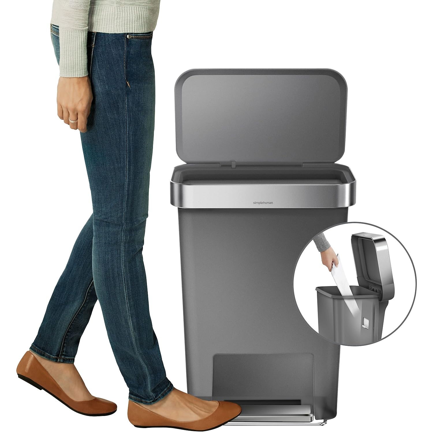 Simplehuman 45L rectangular trash can with lid open for easy loading