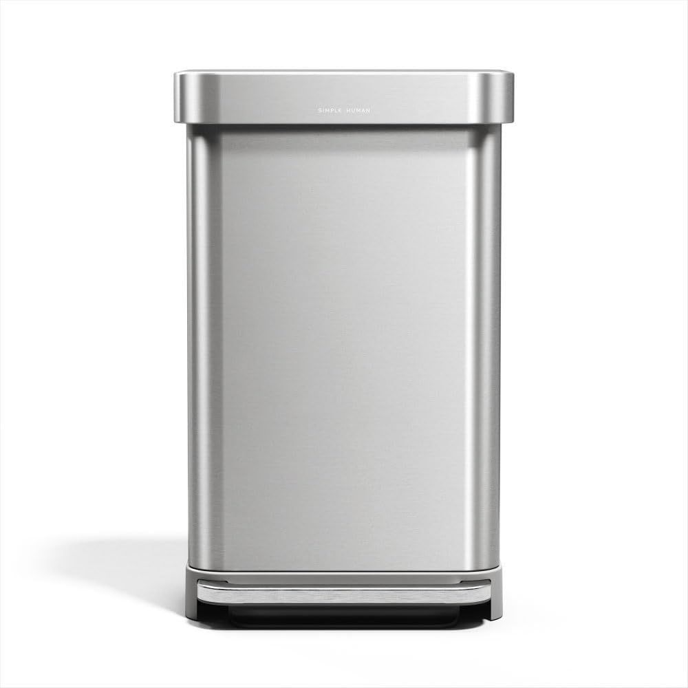 simplehuman 45L rectangular trash can front view with brushed stainless steel and soft-close lid.