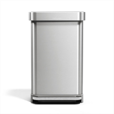 simplehuman 45L rectangular trash can front view with brushed stainless steel and soft-close lid.
