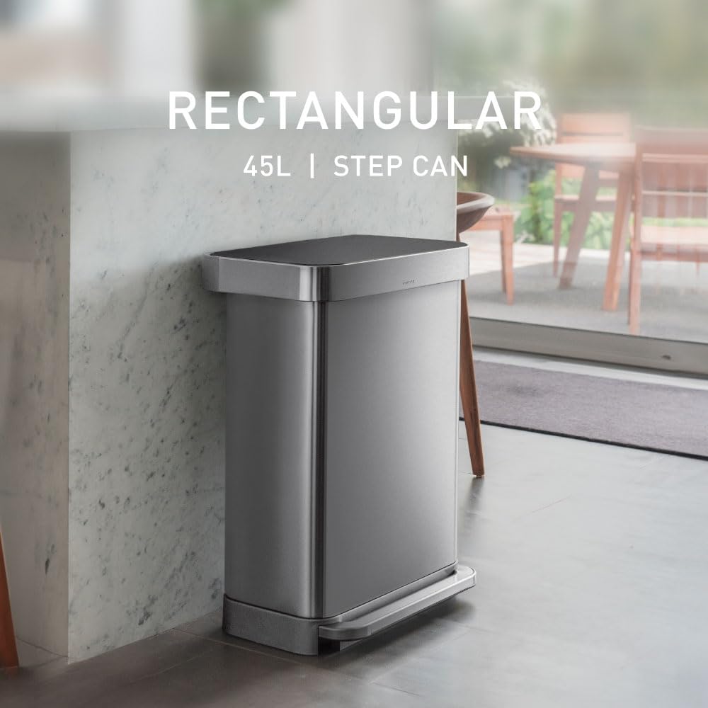 simplehuman 45L rectangular trash can side view shows the durable pedal.