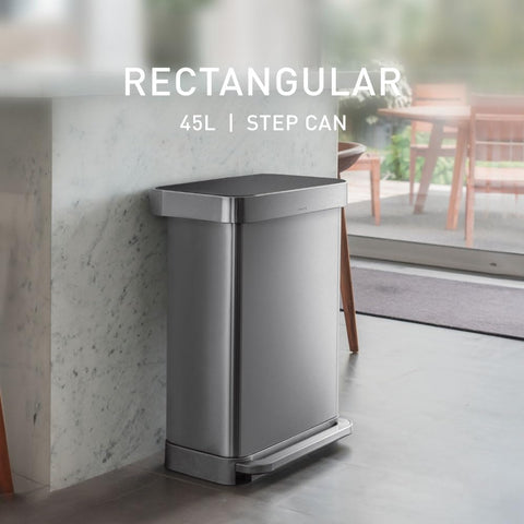 simplehuman 45L rectangular trash can side view shows the durable pedal.