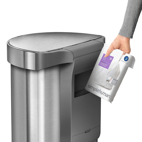 Simplehuman 45L bin in brushed steel finish resists fingerprints.
