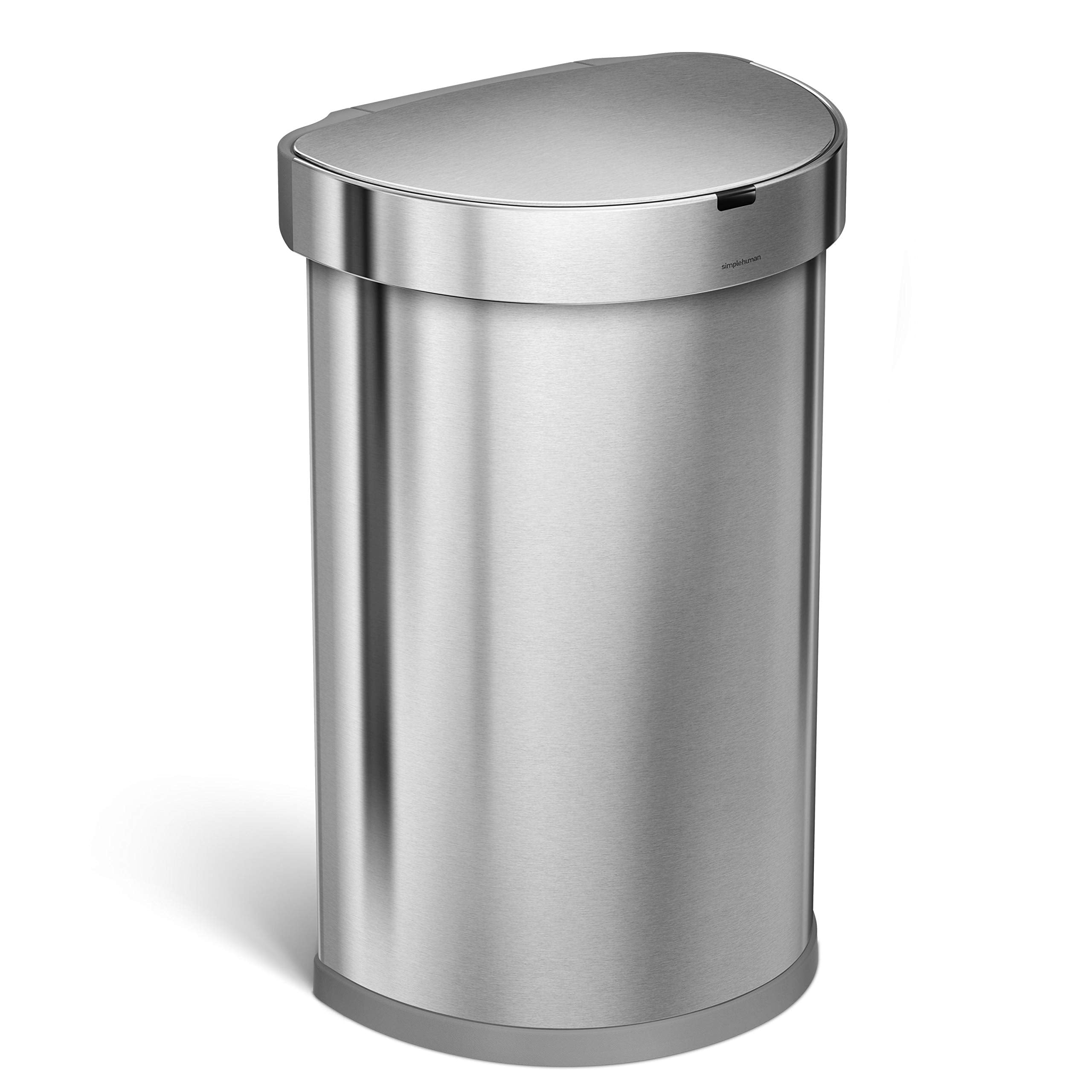Simplehuman 45L semi-round sensor bin front view enables hands-free waste disposal.