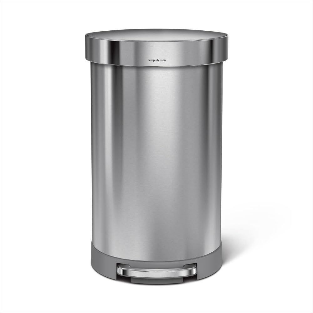simplehuman 45L semi-round trash can front view shows ample capacity for busy spaces.