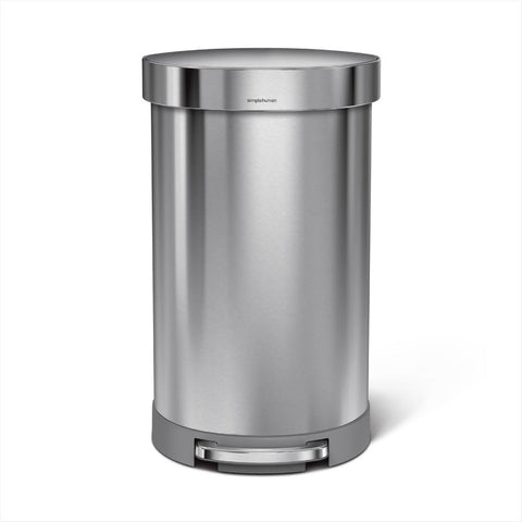 simplehuman 45L semi-round trash can front view shows ample capacity for busy spaces.