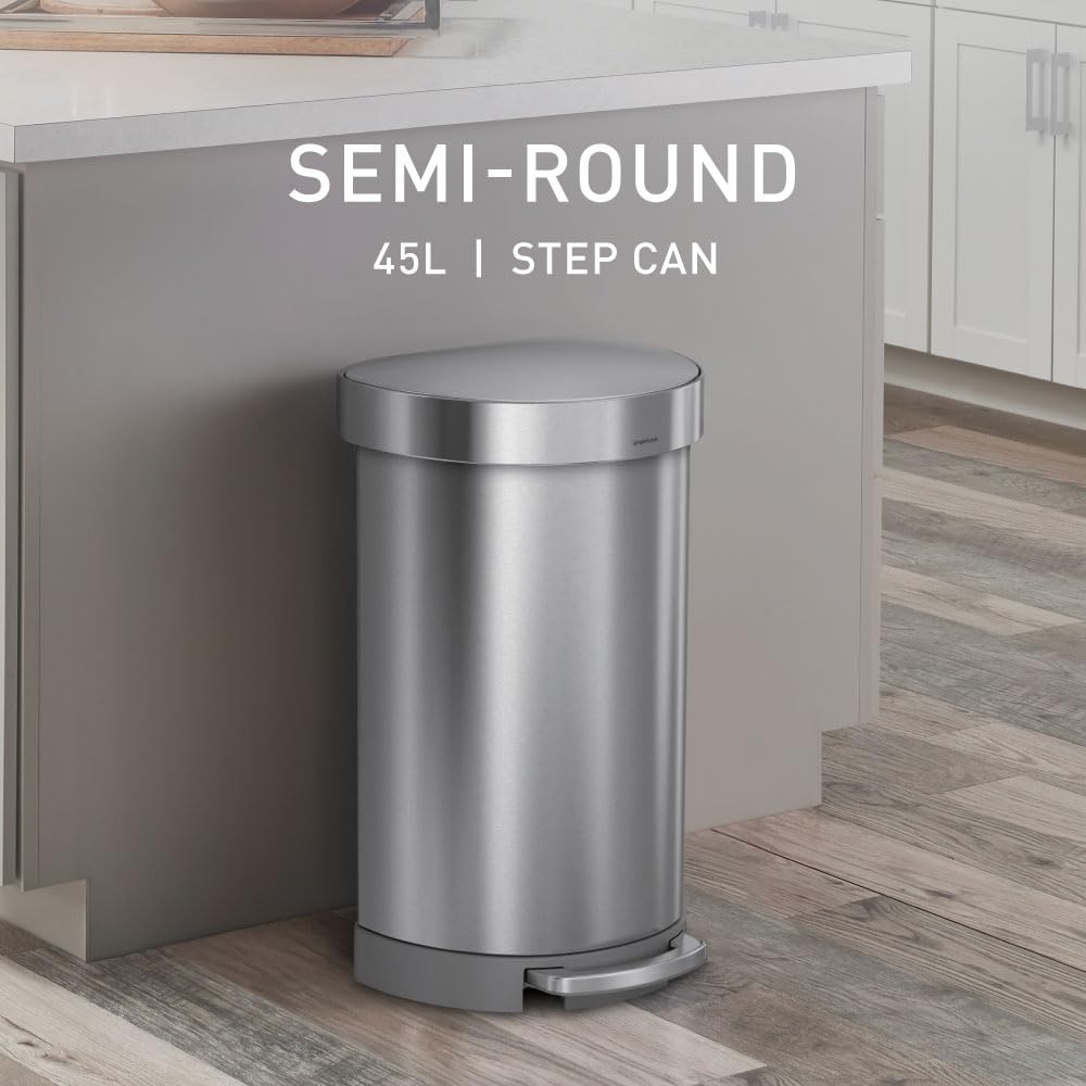 simplehuman 45L semi-round trash can wall-fit side view shows space-saving placement.