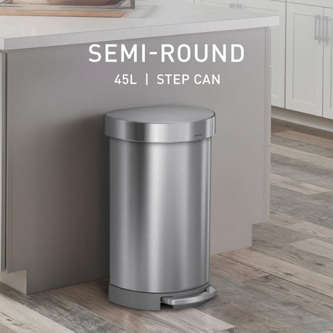 simplehuman 45L semi-round trash can wall-fit side view shows space-saving placement.
