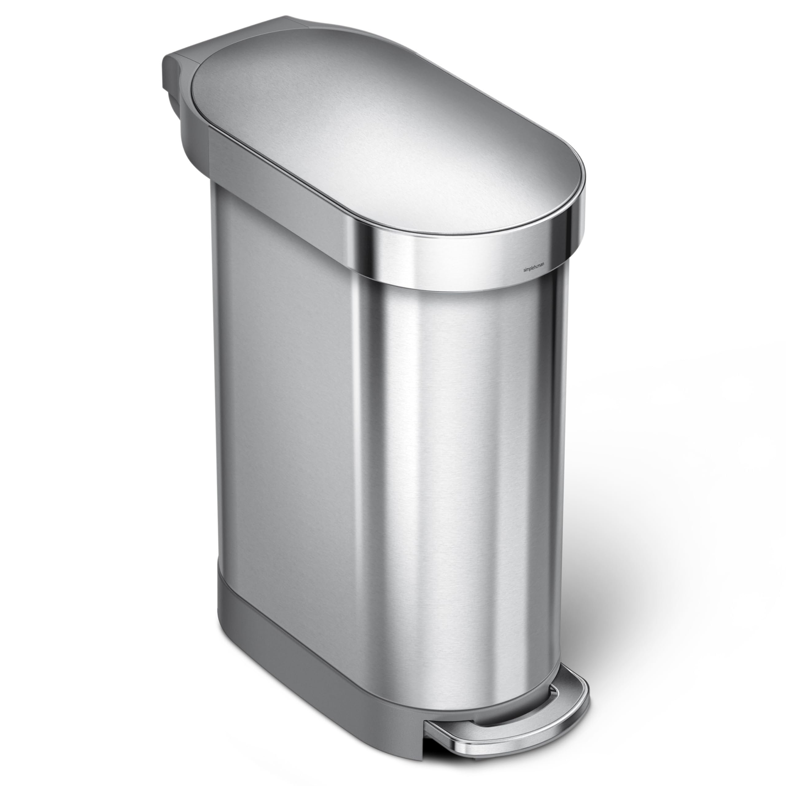 simplehuman 45L slim trash can, front view, showcasing space-saving design for tight spaces.