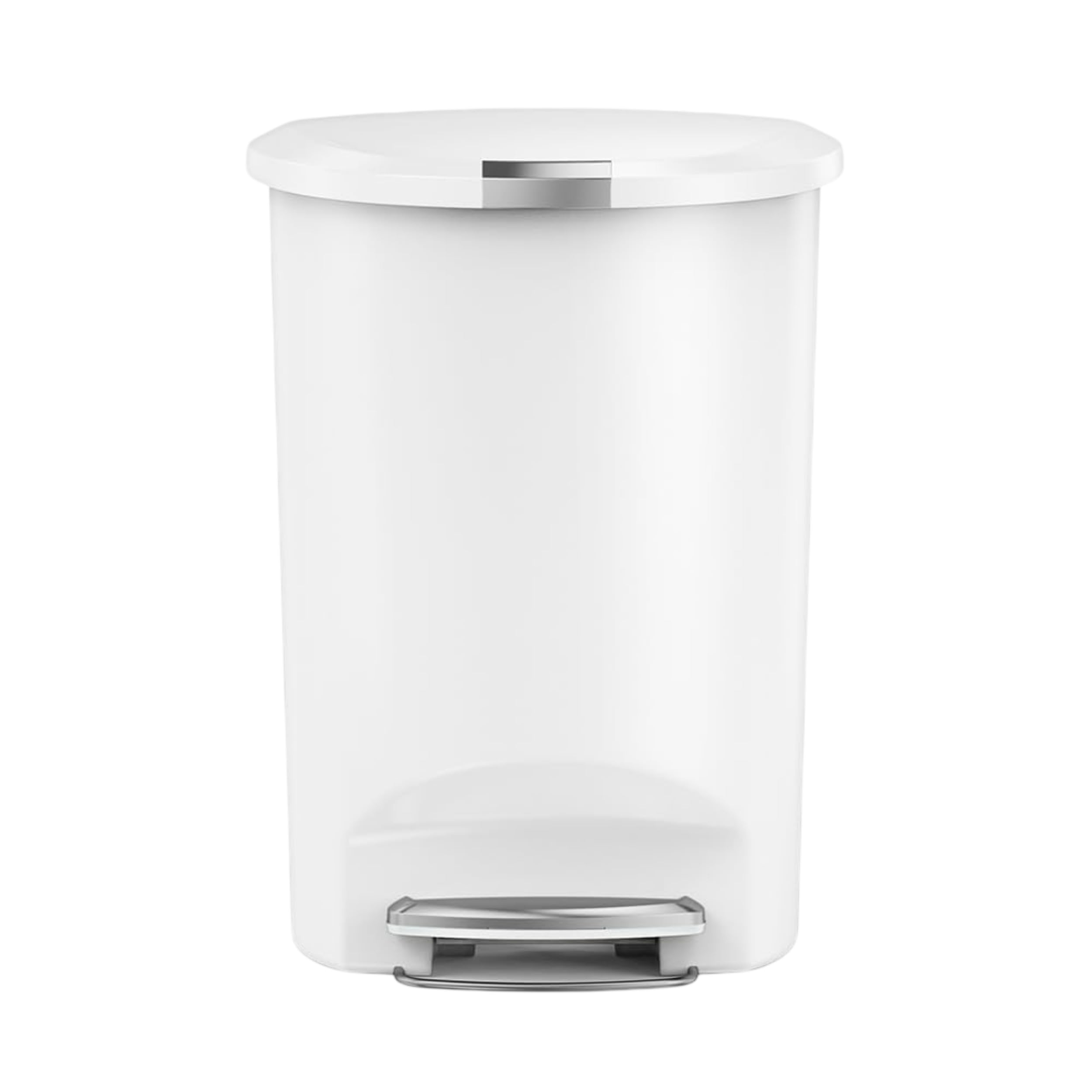 Simplehuman 50-liter semi-round step bin against the wall for space-efficient kitchen setup.