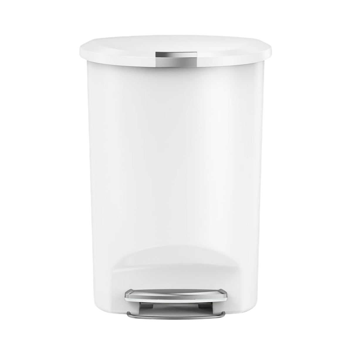 Simplehuman 50-liter semi-round step bin against the wall for space-efficient kitchen setup.