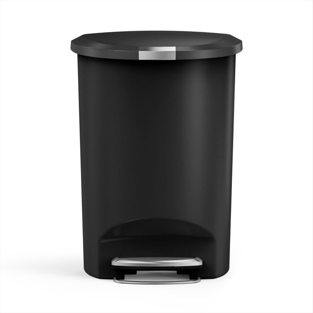 simplehuman 50L semi-round trash can with lid shox for quiet closing in a busy kitchen.