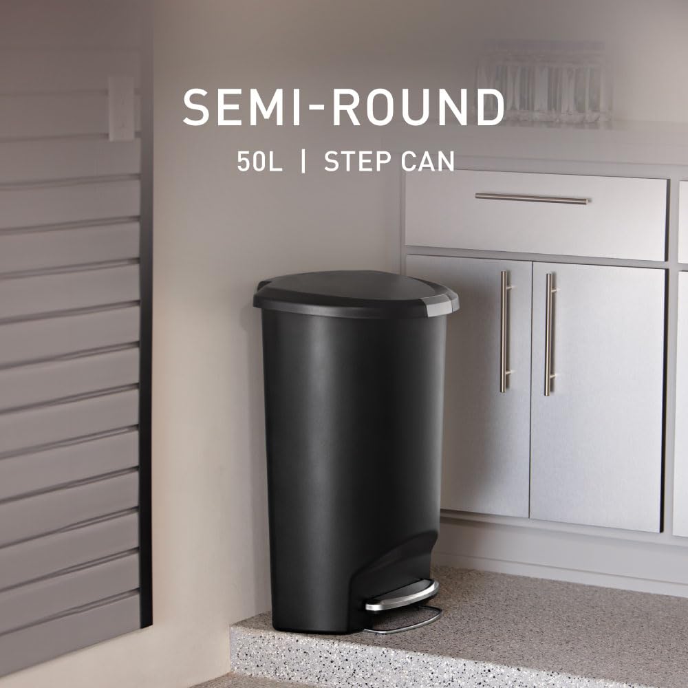 simplehuman 50L trash can with slide lock keeps lid secured from pets.
