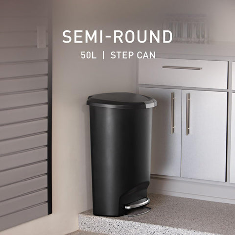 simplehuman 50L trash can with slide lock keeps lid secured from pets.