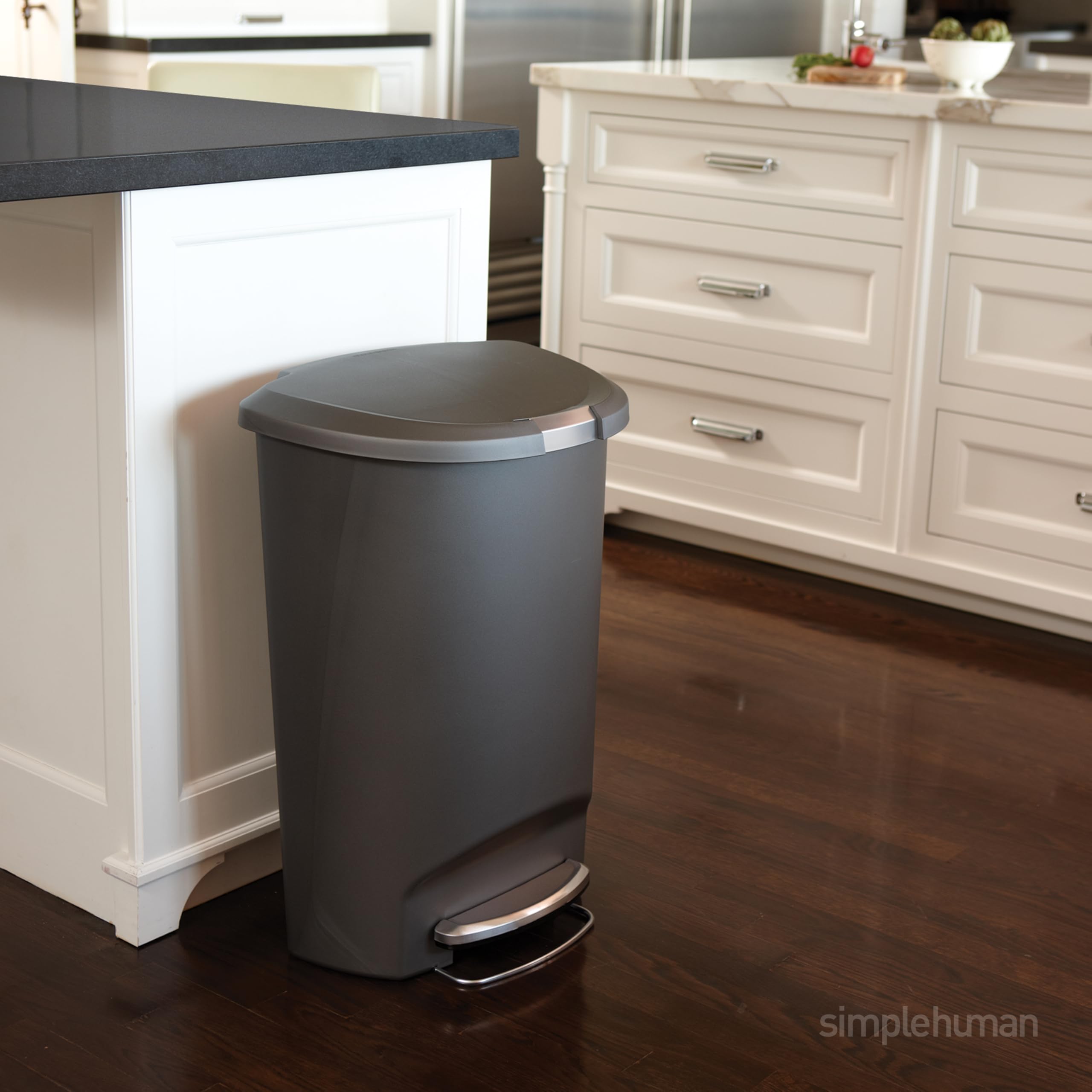 simplehuman 50L trash can steel pedal close-up for smooth silent operation