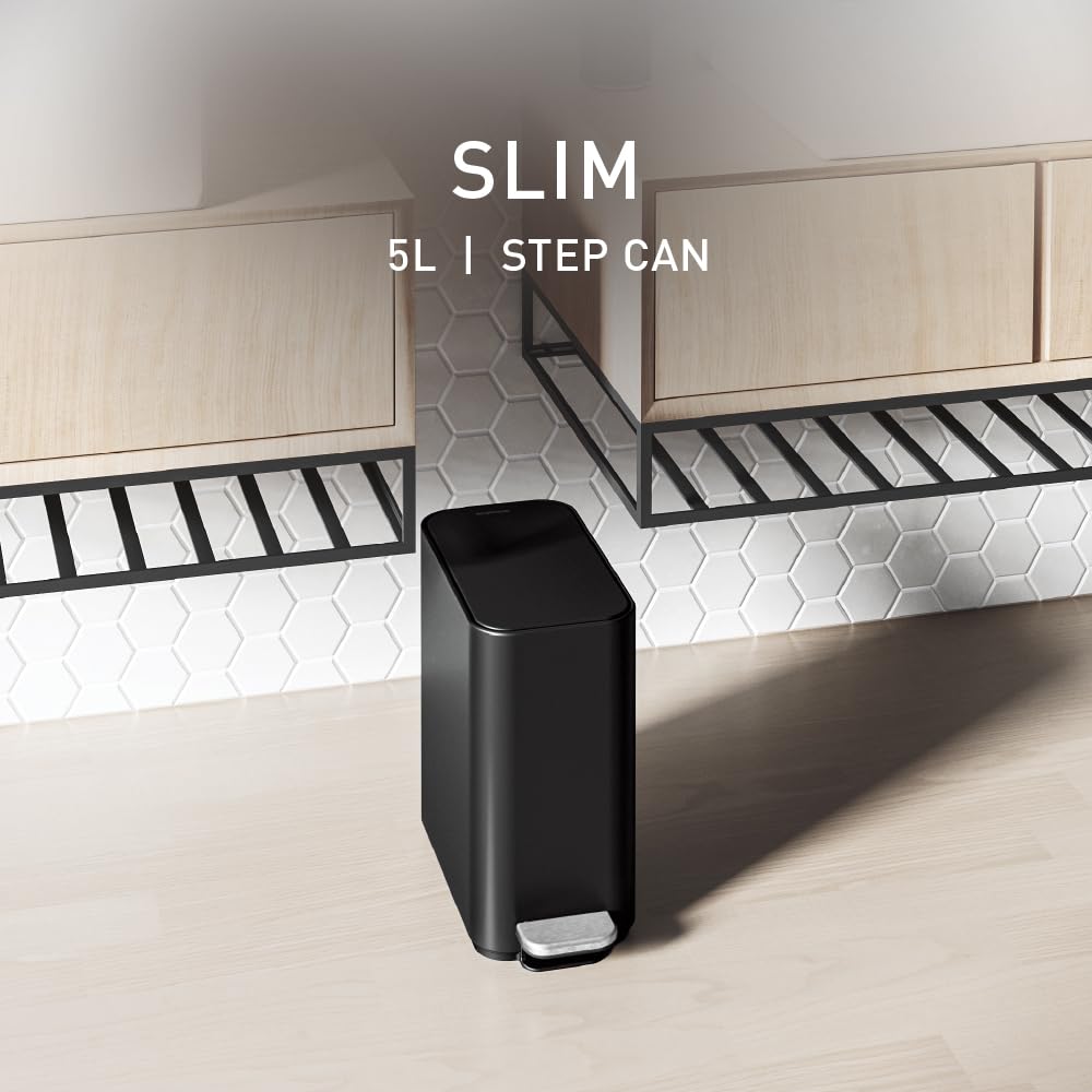 simplehuman 5L Slim trash can highlights liner pocket for one-at-a-time liner changes.