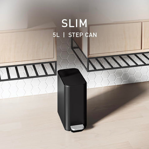 simplehuman 5L Slim trash can highlights liner pocket for one-at-a-time liner changes.