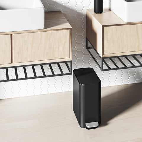 simplehuman 5L Slim trash can demonstrates durable steel pedal for reliable everyday use.