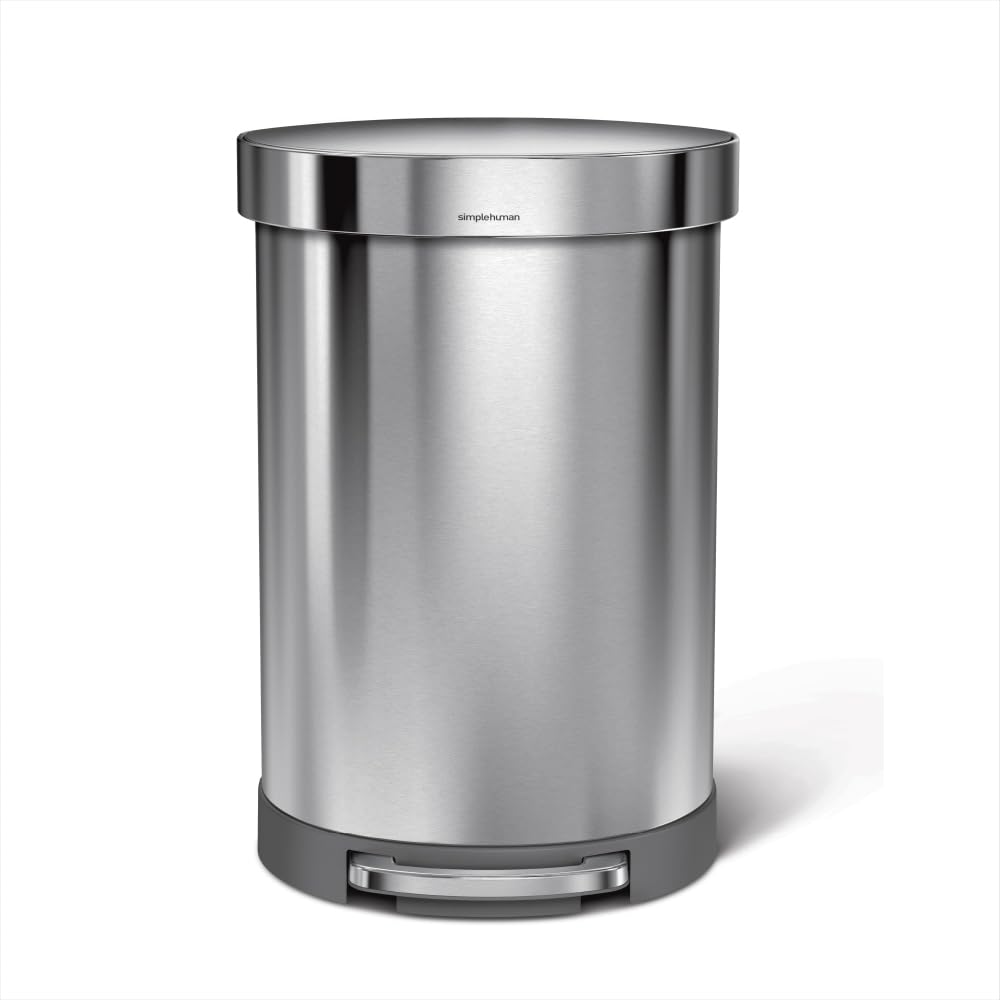 simplehuman 60L semi-round trash can front view showing space-saving design for busy kitchens.