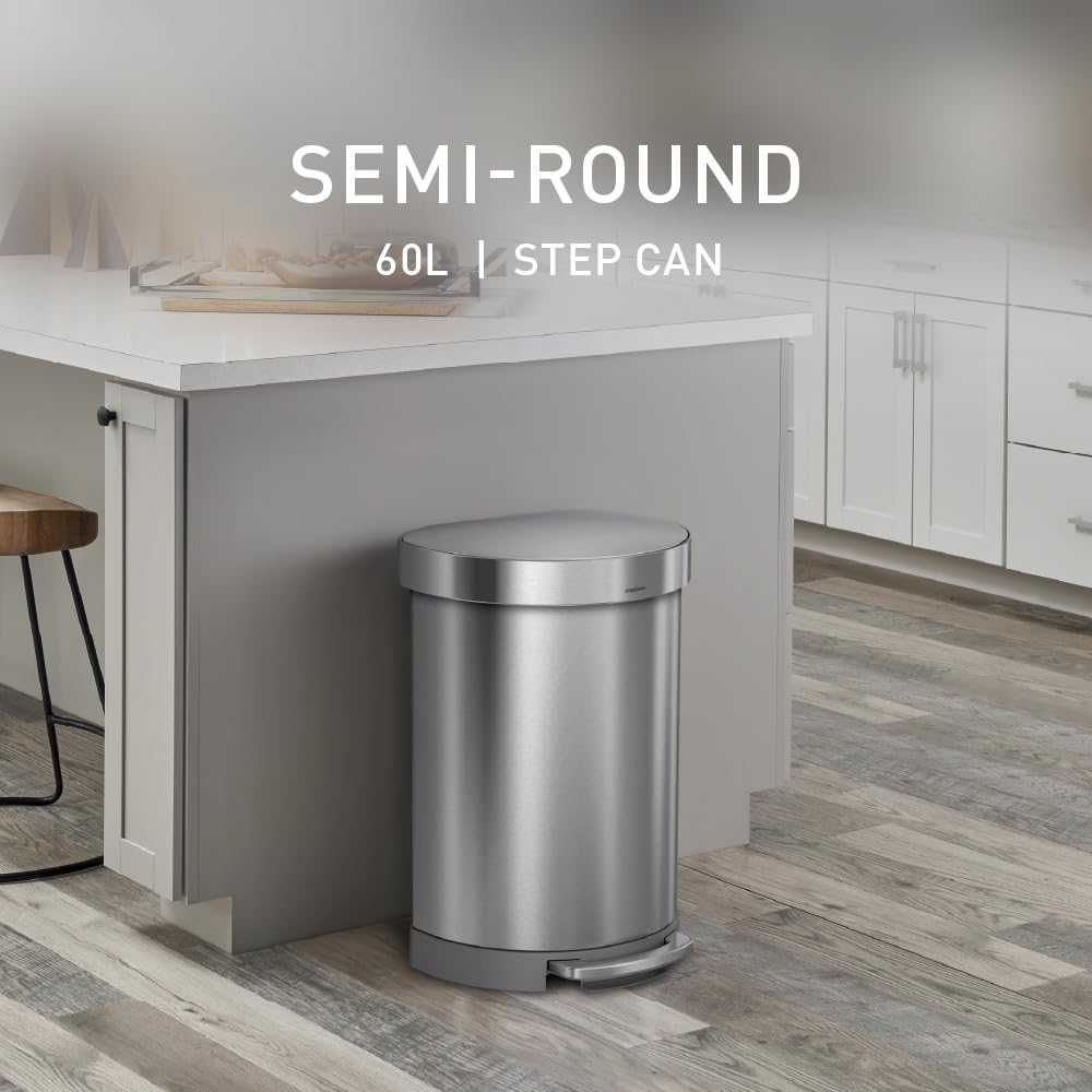 simplehuman 60L semi-round trash can lid-open reveals smooth action and easy liner access.
