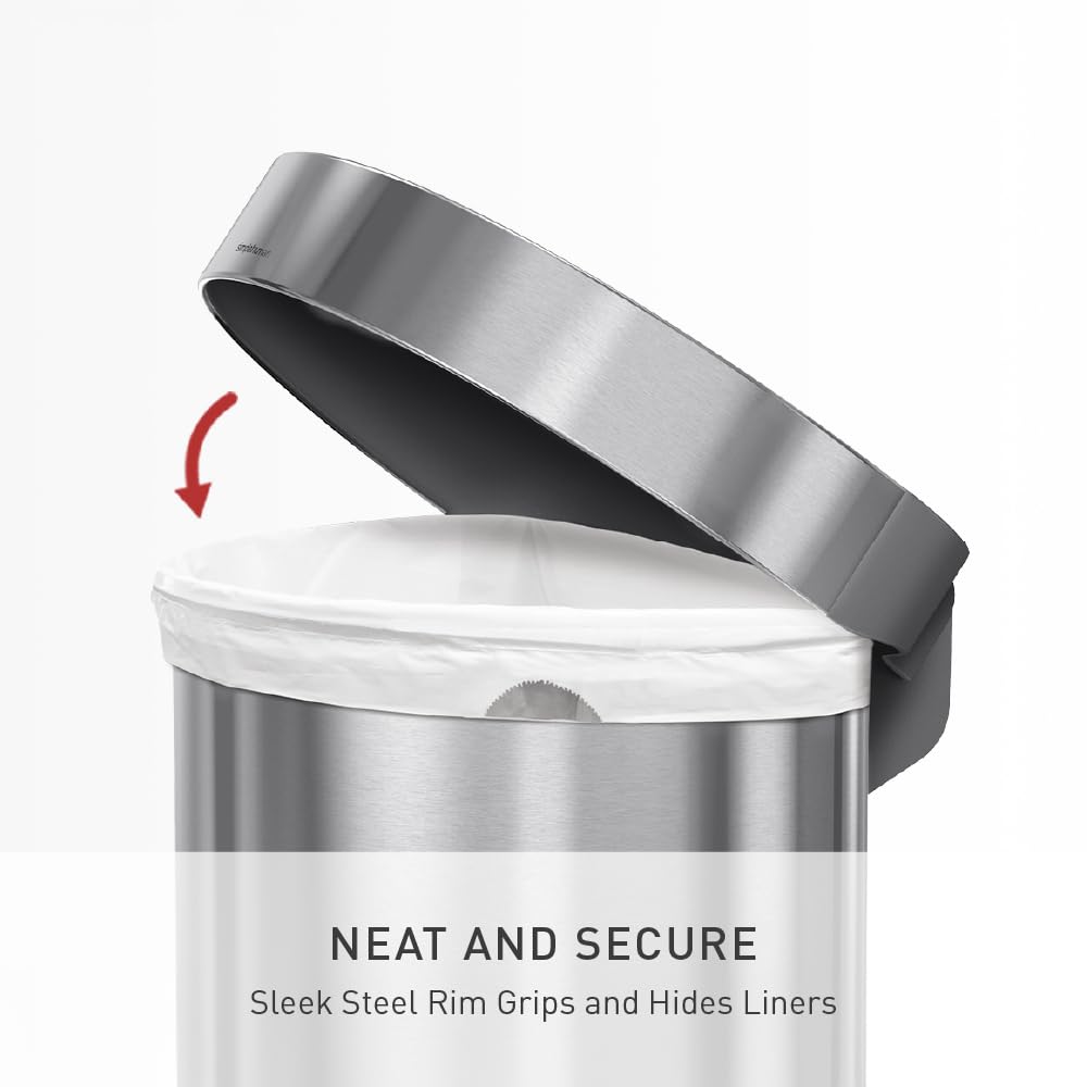 simplehuman 60L semi-round trash can liner-rim-access shows hidden liner for clean disposal.