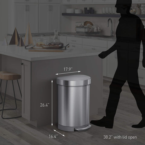 simplehuman 60L semi-round trash can odorsorb pod neutralizes odors near the lid.