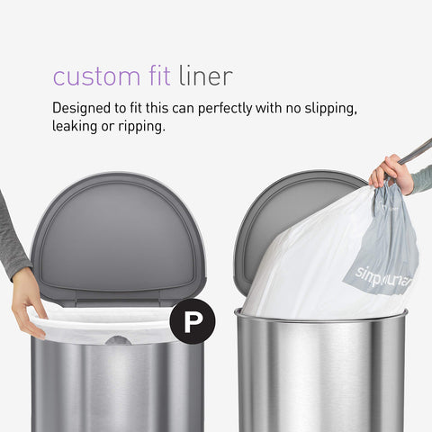 simplehuman 60L semi-round trash can silent-close lid reduces noise during use.