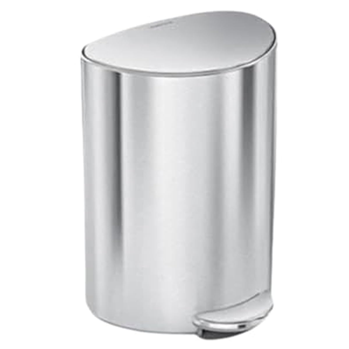 simplehuman 6L semi-round can in brushed steel, fits flush against walls.