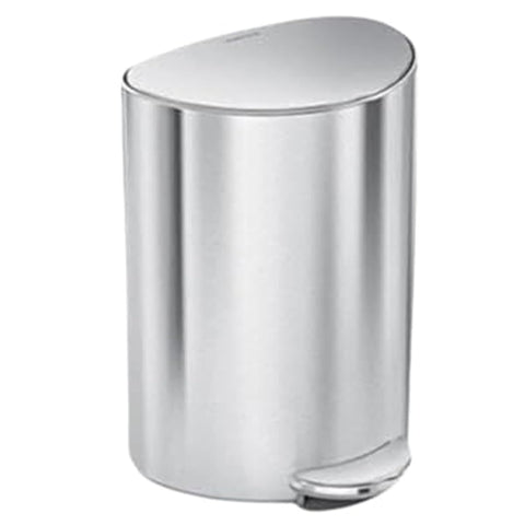 simplehuman 6L semi-round can in brushed steel, fits flush against walls.