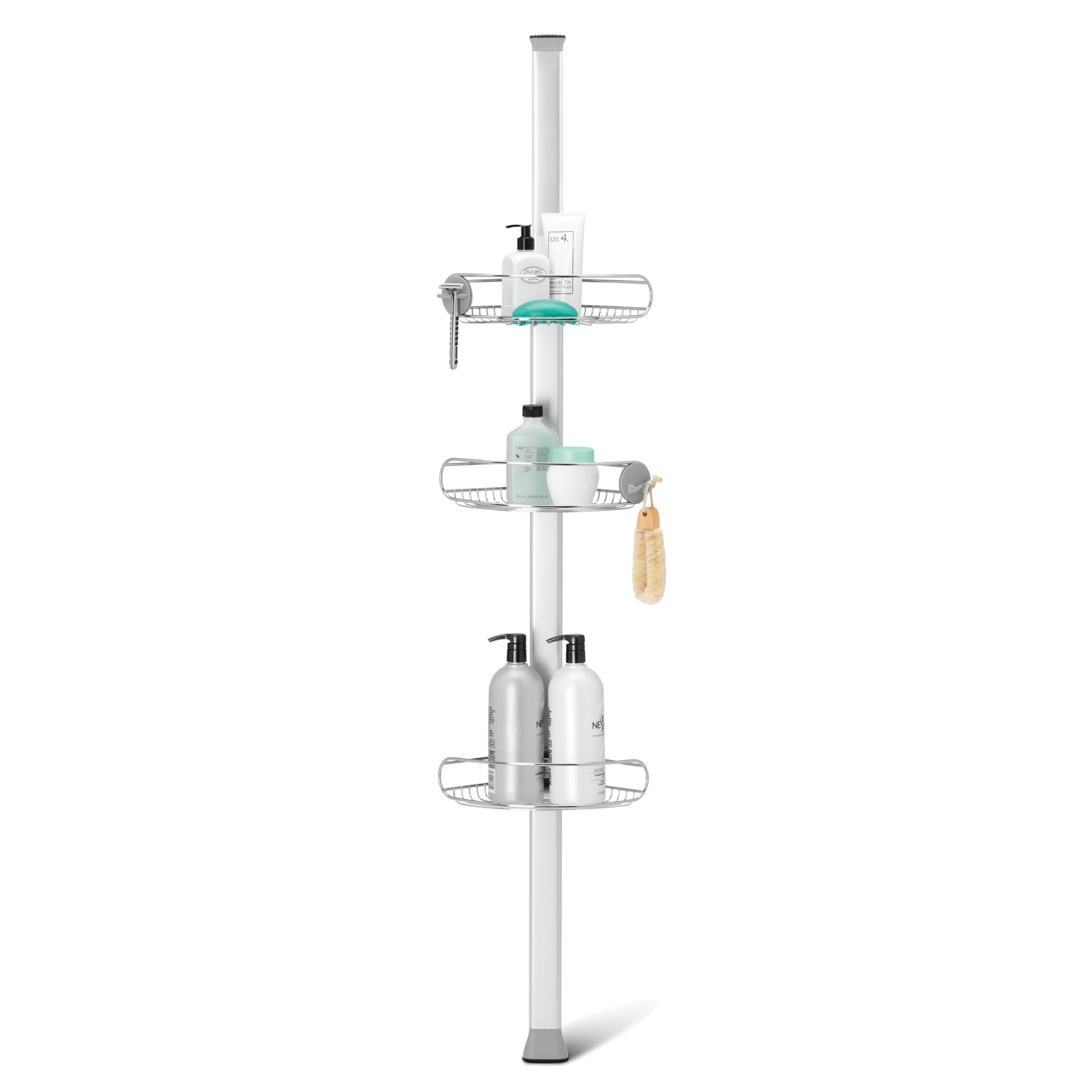 Simplehuman 8ft tension pole shower caddy with stainless steel build for a sturdy, tool-free fit.