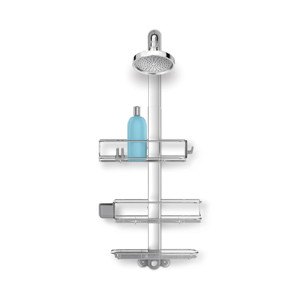 simplehuman adjustable extendable shower caddy in stainless steel and aluminum for clutter-free organization