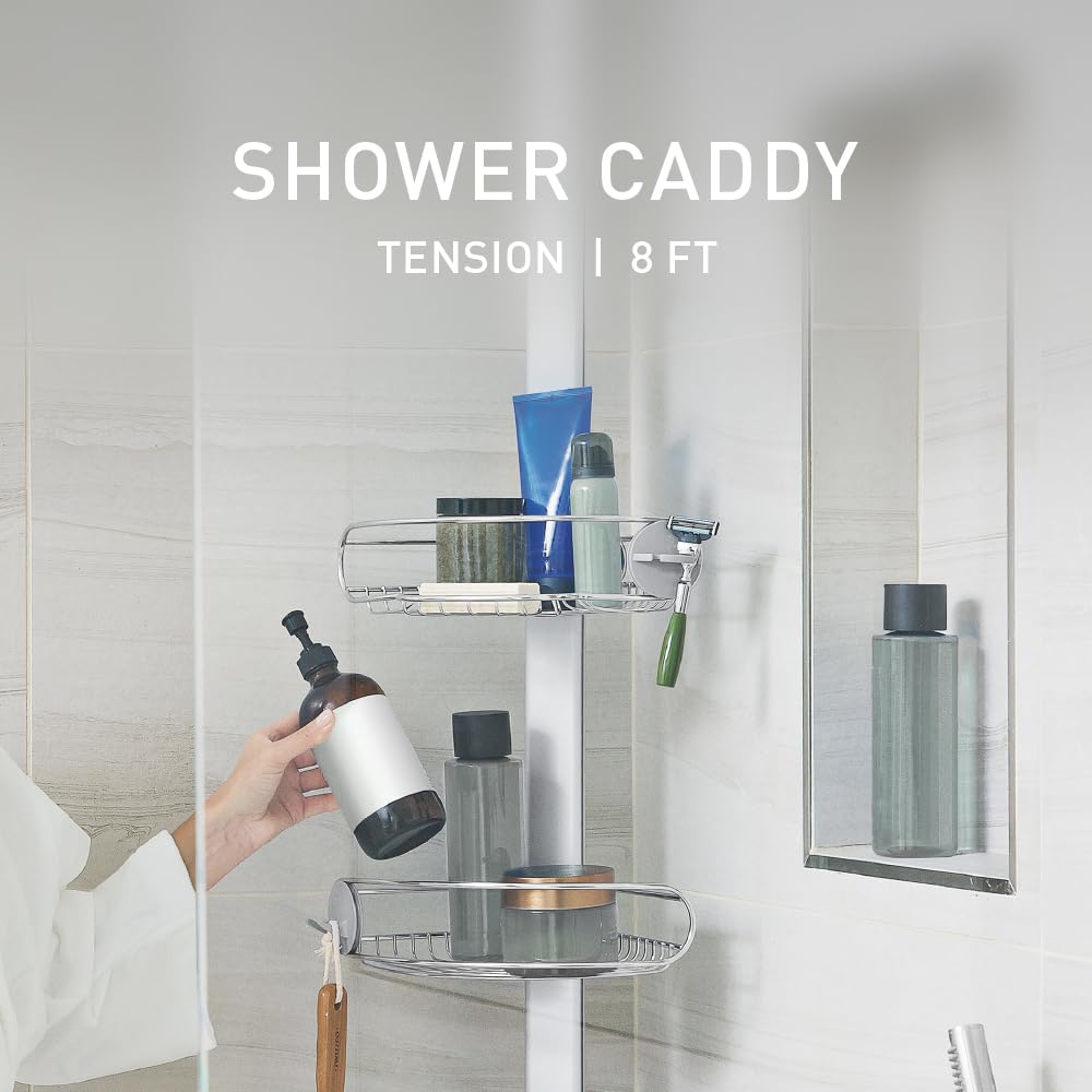 Simplehuman adjustable shelves on the shower caddy optimize space for tall bottles.