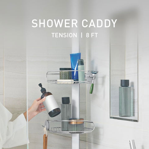 Simplehuman adjustable shelves on the shower caddy optimize space for tall bottles.