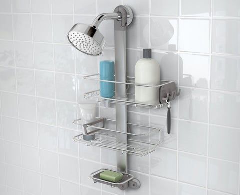 simplehuman adjustable shower caddy quick-adjust dial in use