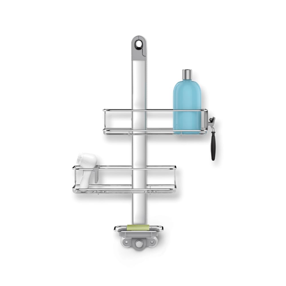 simplehuman adjustable shower caddy shelves showing organized tall bottles