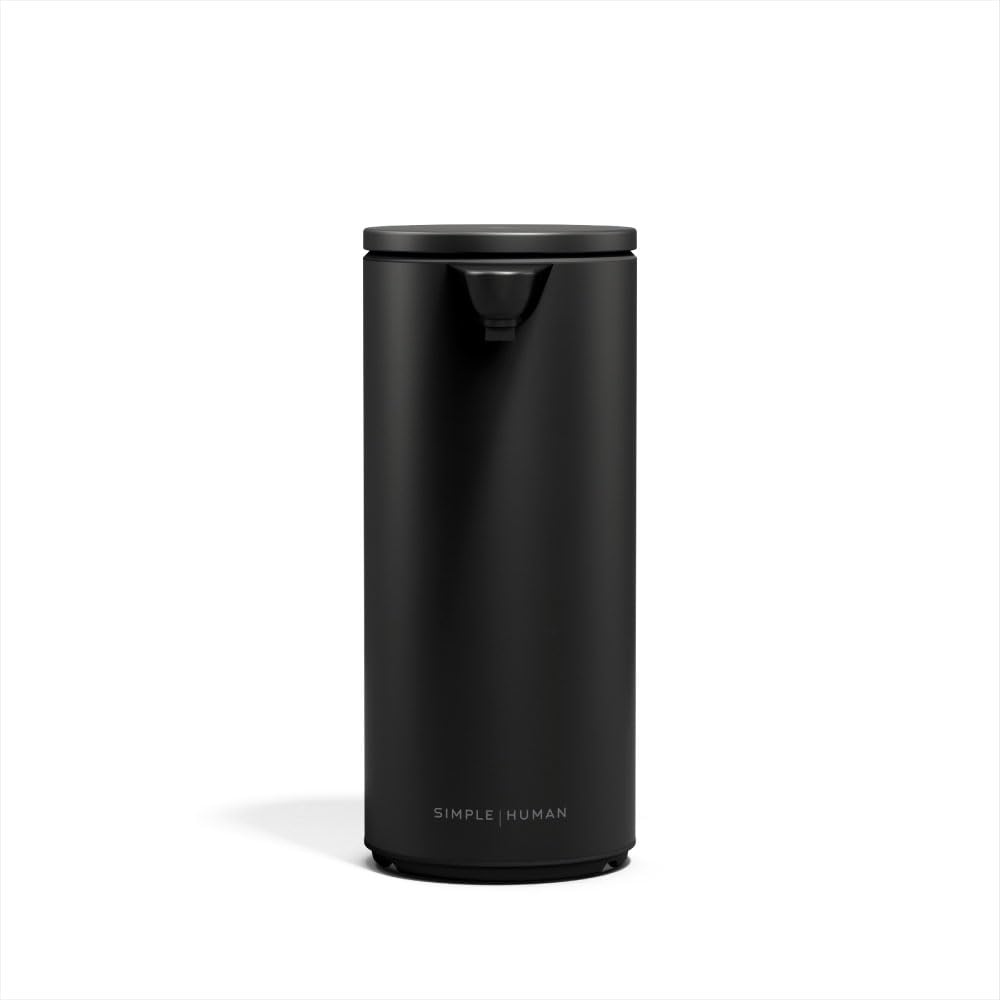 simplehuman touch-free sensor pump front view, hands-free soap dispensing in matte black.
