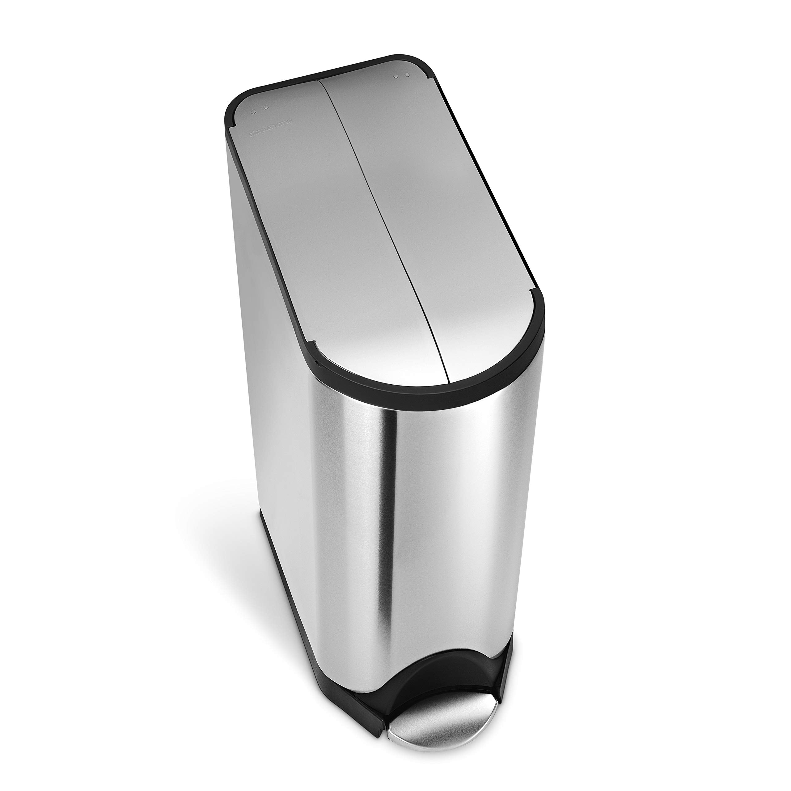 simplehuman brushed stainless steel trash can with butterfly lid for a clean look