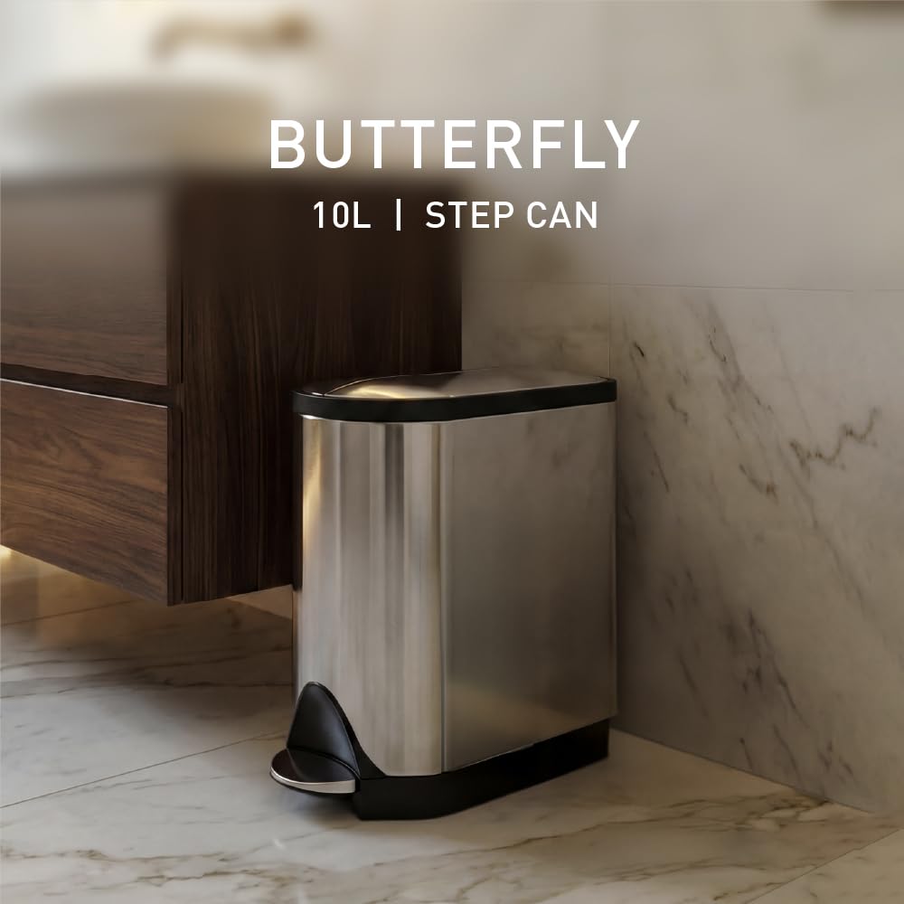simplehuman brushed stainless steel finish adds sleek durability to any bathroom